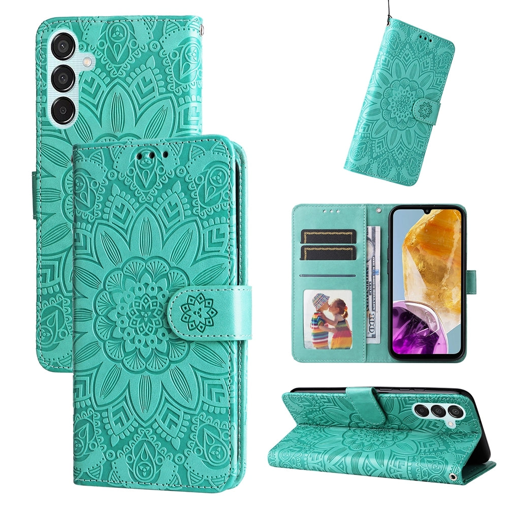 Samsung Galaxy M15 5G Sunflower Embossed Leather Wallet Phone Case with Kickstand and Card Holder