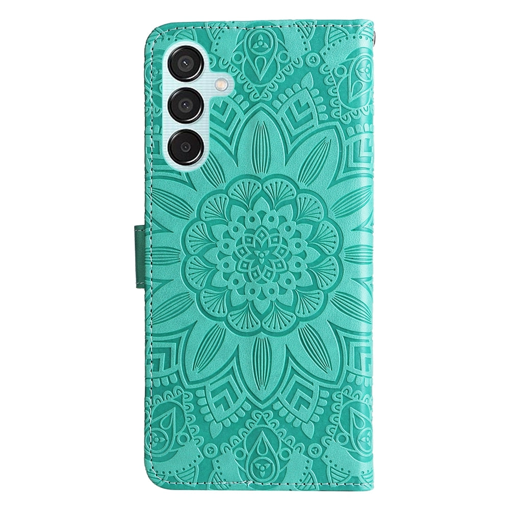 Samsung Galaxy M15 5G Sunflower Embossed Leather Wallet Phone Case with Kickstand and Card Holder