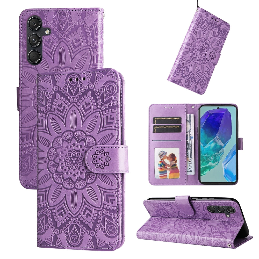 Samsung Galaxy M55 5G Sunflower Embossed Leather Wallet Phone Case with Kickstand and Card Holder