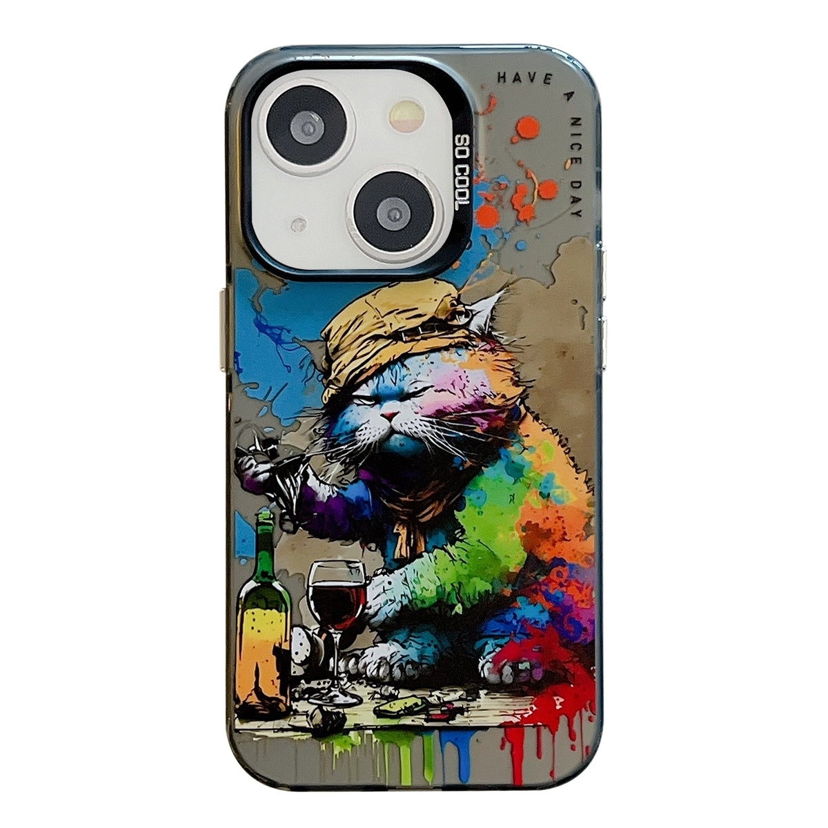 iPhone 15 Plus Case - Animal Oil Painting Design, Durable PC + TPU Cover