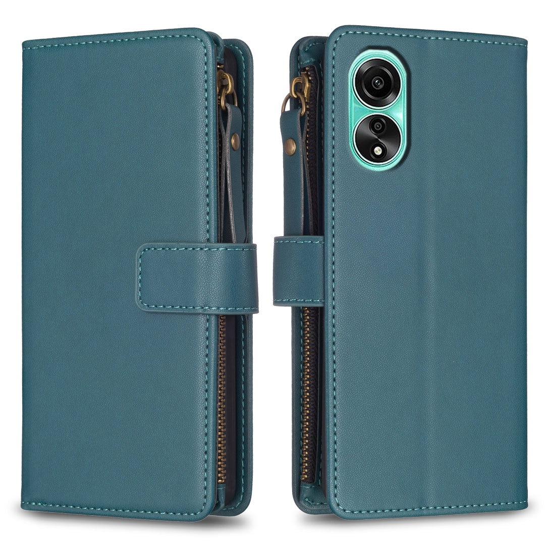 OPPO A78 4G Leather Flip Phone Case with Zipper Wallet and 9 Card Slots, Durable PU + TPU Material