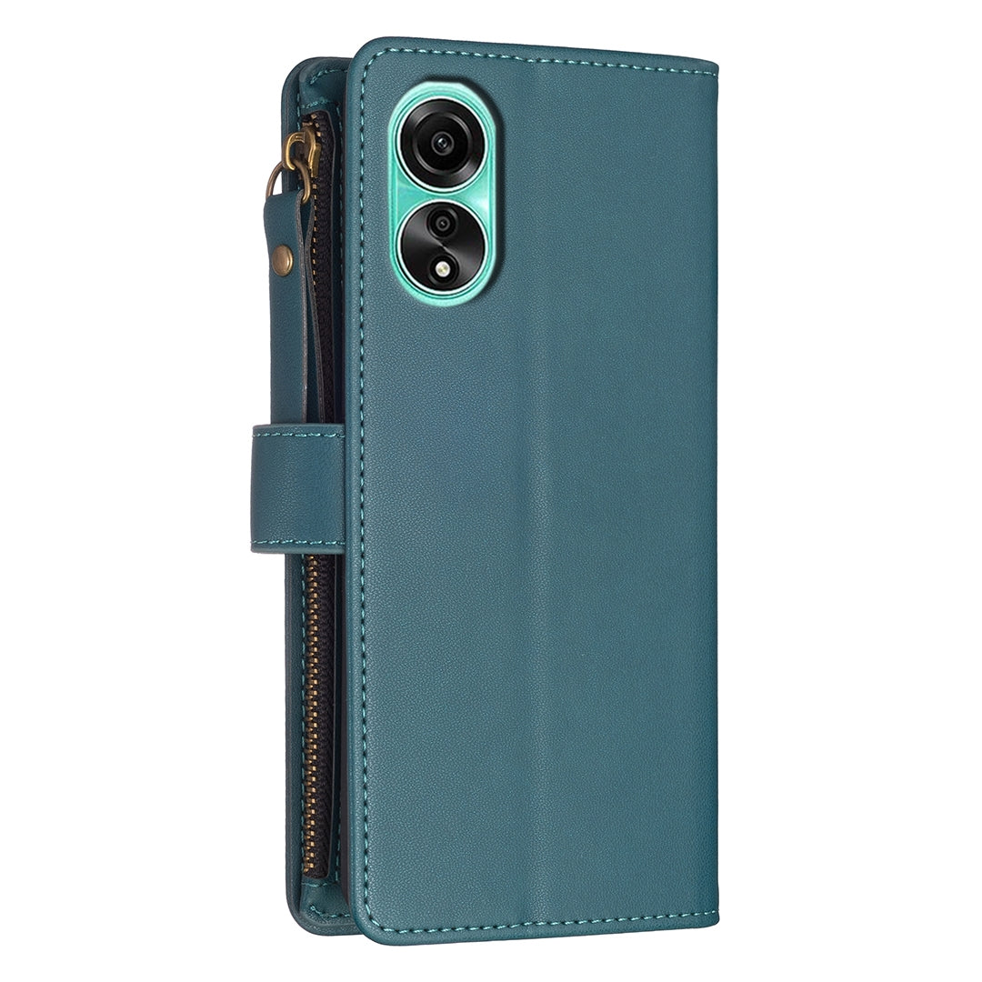 OPPO A78 4G Leather Flip Phone Case with Zipper Wallet and 9 Card Slots, Durable PU + TPU Material