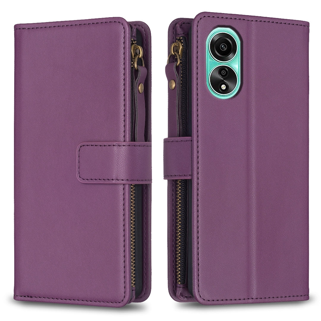 OPPO A78 4G Leather Flip Phone Case with Zipper Wallet and 9 Card Slots, Durable PU + TPU Material