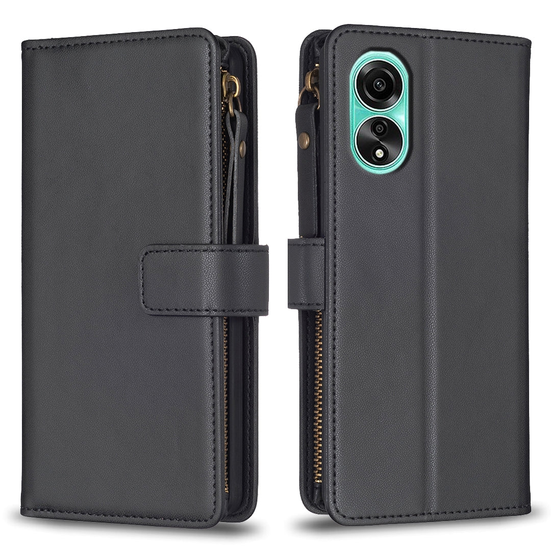 OPPO A78 4G Leather Flip Phone Case with Zipper Wallet and 9 Card Slots, Durable PU + TPU Material