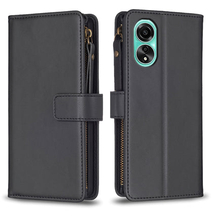 OPPO A78 4G Leather Flip Phone Case with Zipper Wallet and 9 Card Slots, Durable PU + TPU Material