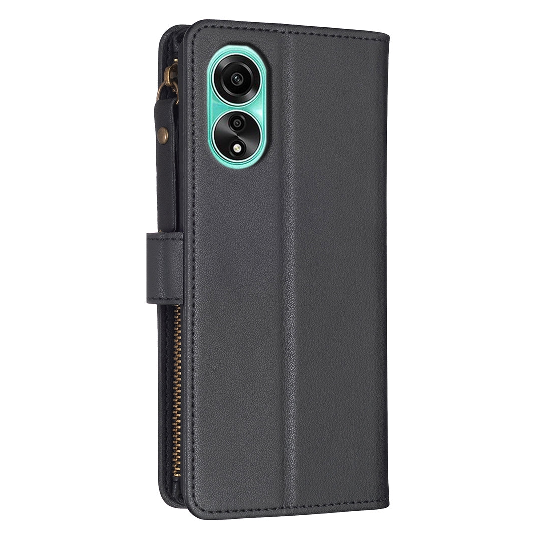 OPPO A78 4G Leather Flip Phone Case with Zipper Wallet and 9 Card Slots, Durable PU + TPU Material