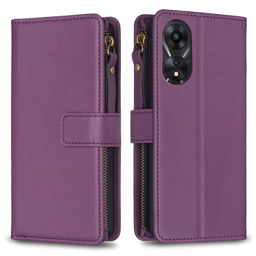 OPPO A78 5G Leather Flip Phone Case with Zipper Wallet and 9 Card Slots, Durable PU + TPU Material