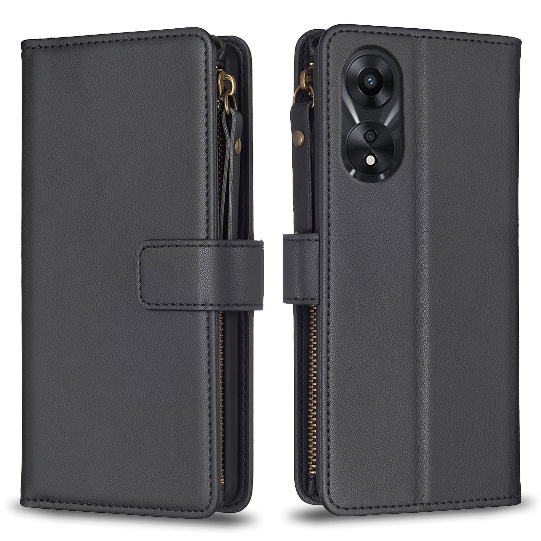 OPPO A78 5G Leather Flip Phone Case with Zipper Wallet and 9 Card Slots, Durable PU + TPU Material