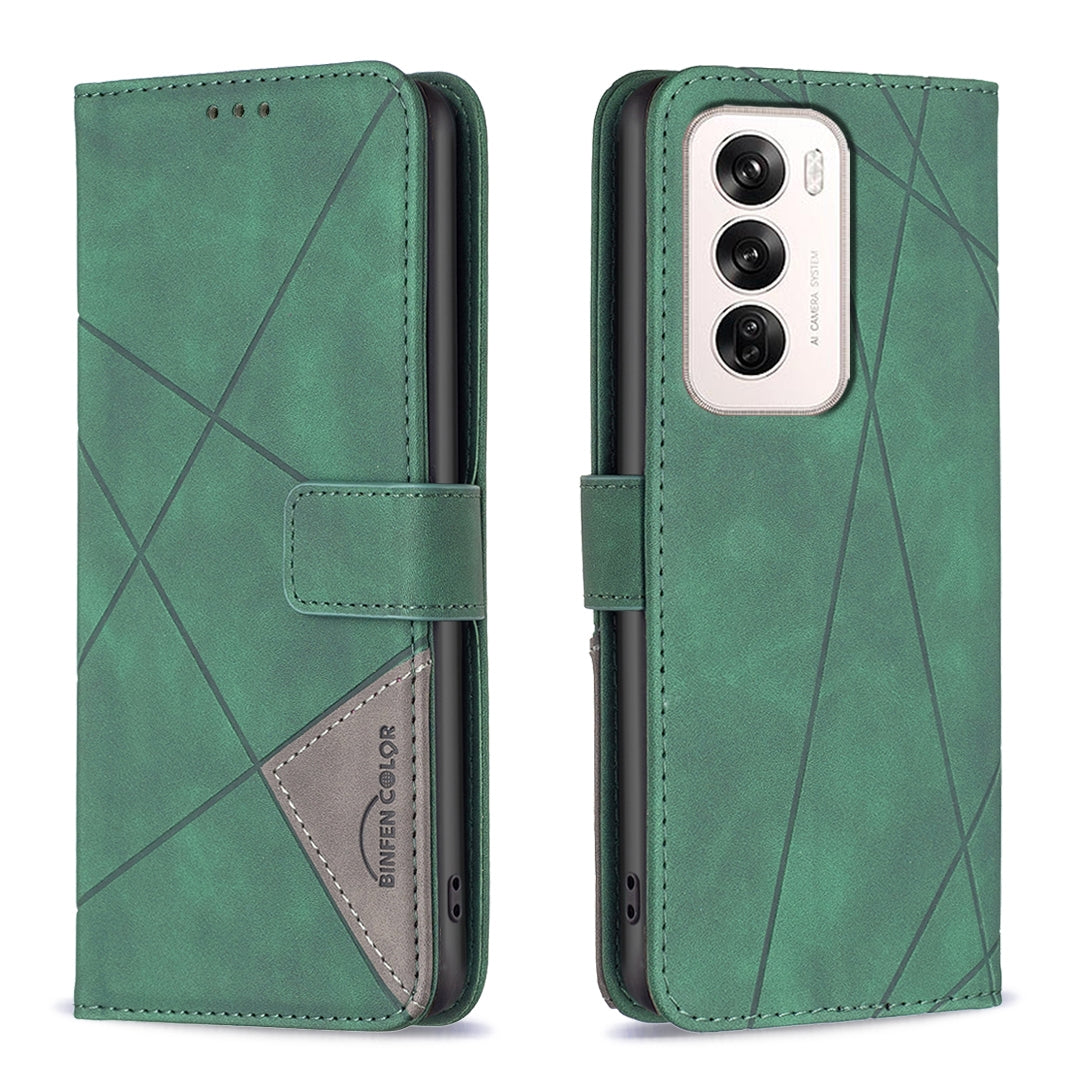 OPPO Reno12 Global Rhombus Texture Leather Phone Case with Magnetic Buckle and Card Holder