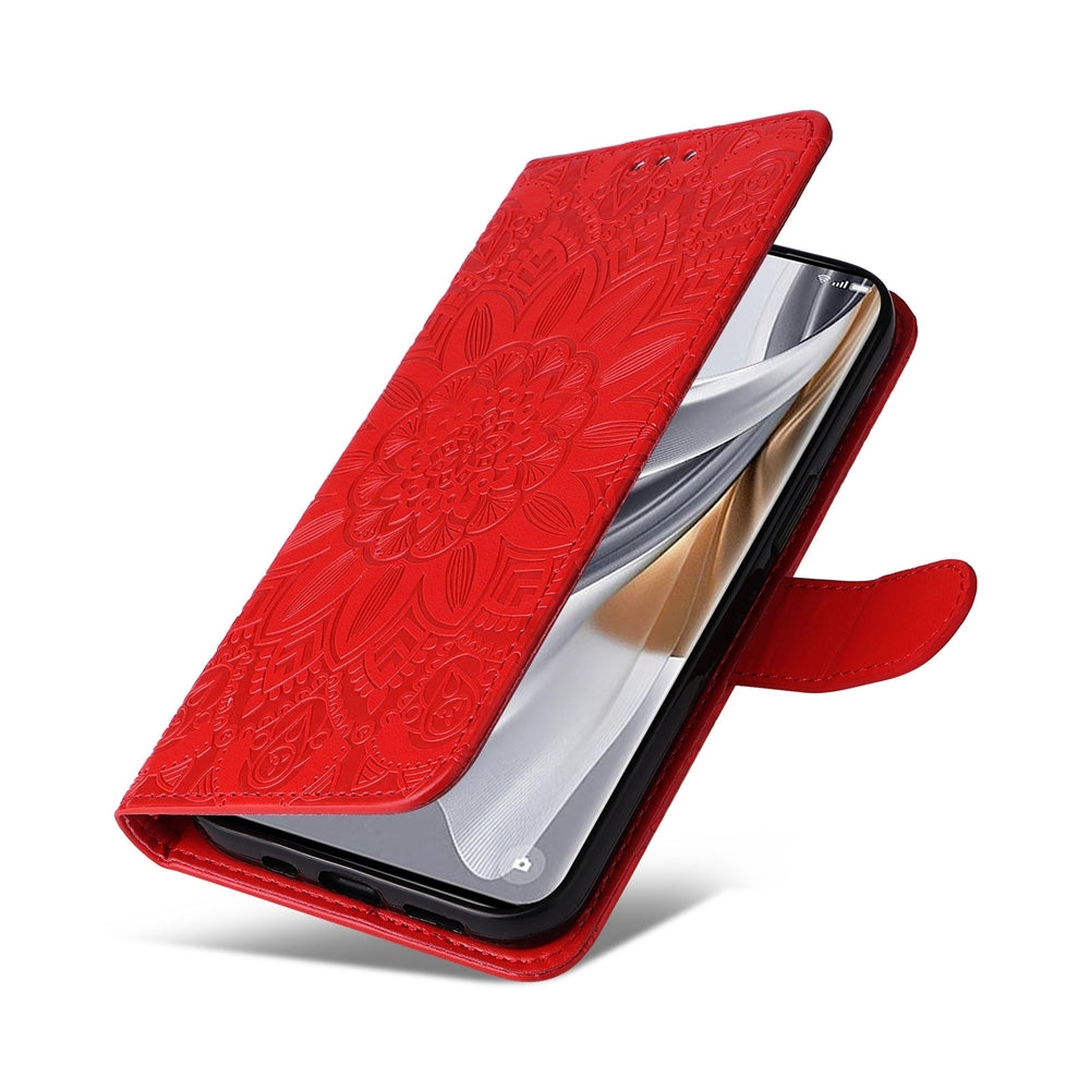 OPPO Reno10 5G Sunflower Embossed Leather Wallet Phone Case with Kickstand and Card Holder