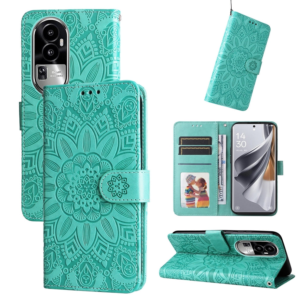 OPPO eno10 Pro 5G Sunflower Embossed Leather Wallet Phone Case with Kickstand and Card Holder