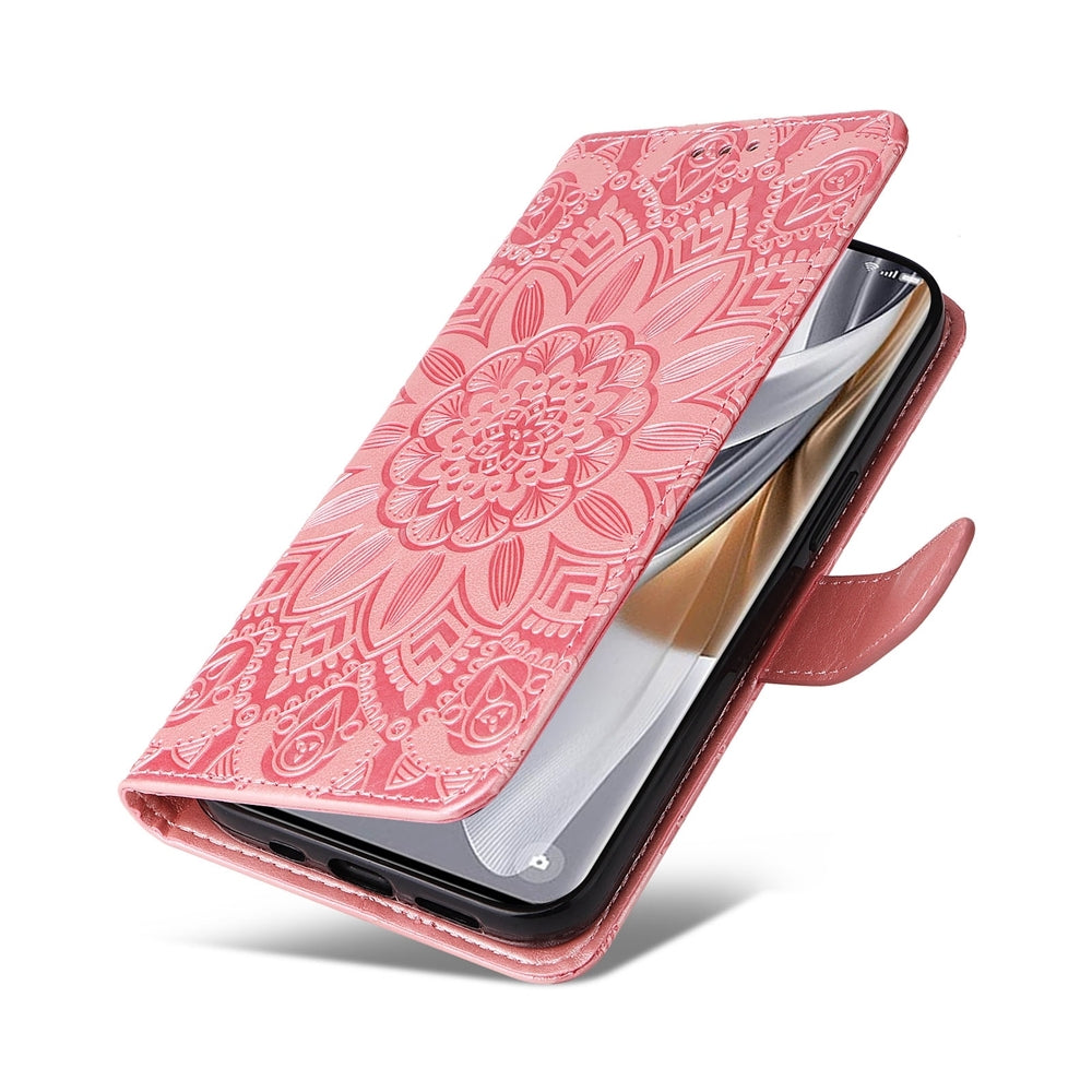 OPPO Reno10 5G Sunflower Embossed Leather Wallet Phone Case with Kickstand and Card Holder