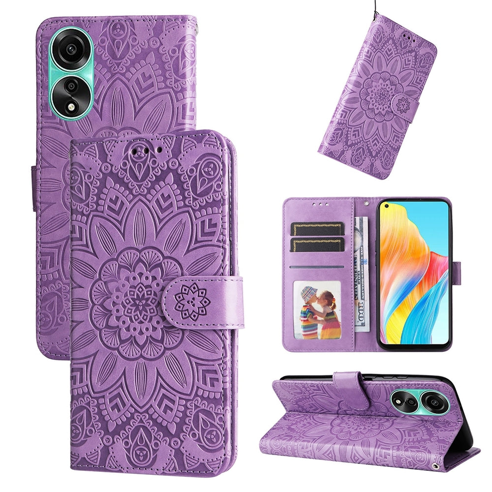 OPPO A78 4G Sunflower Embossed Leather Wallet Phone Case with Kickstand and Card Holder