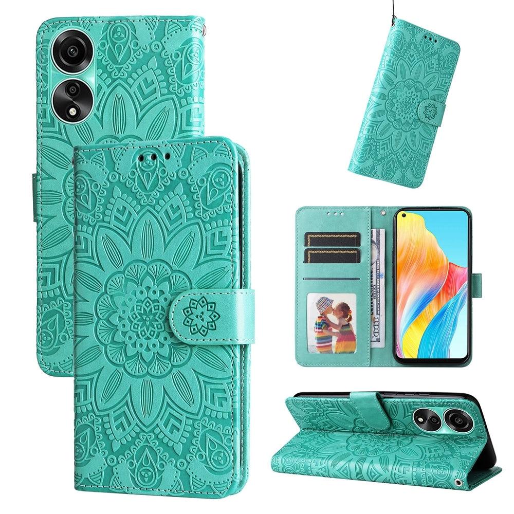 OPPO A78 4G Sunflower Embossed Leather Wallet Phone Case with Kickstand and Card Holder