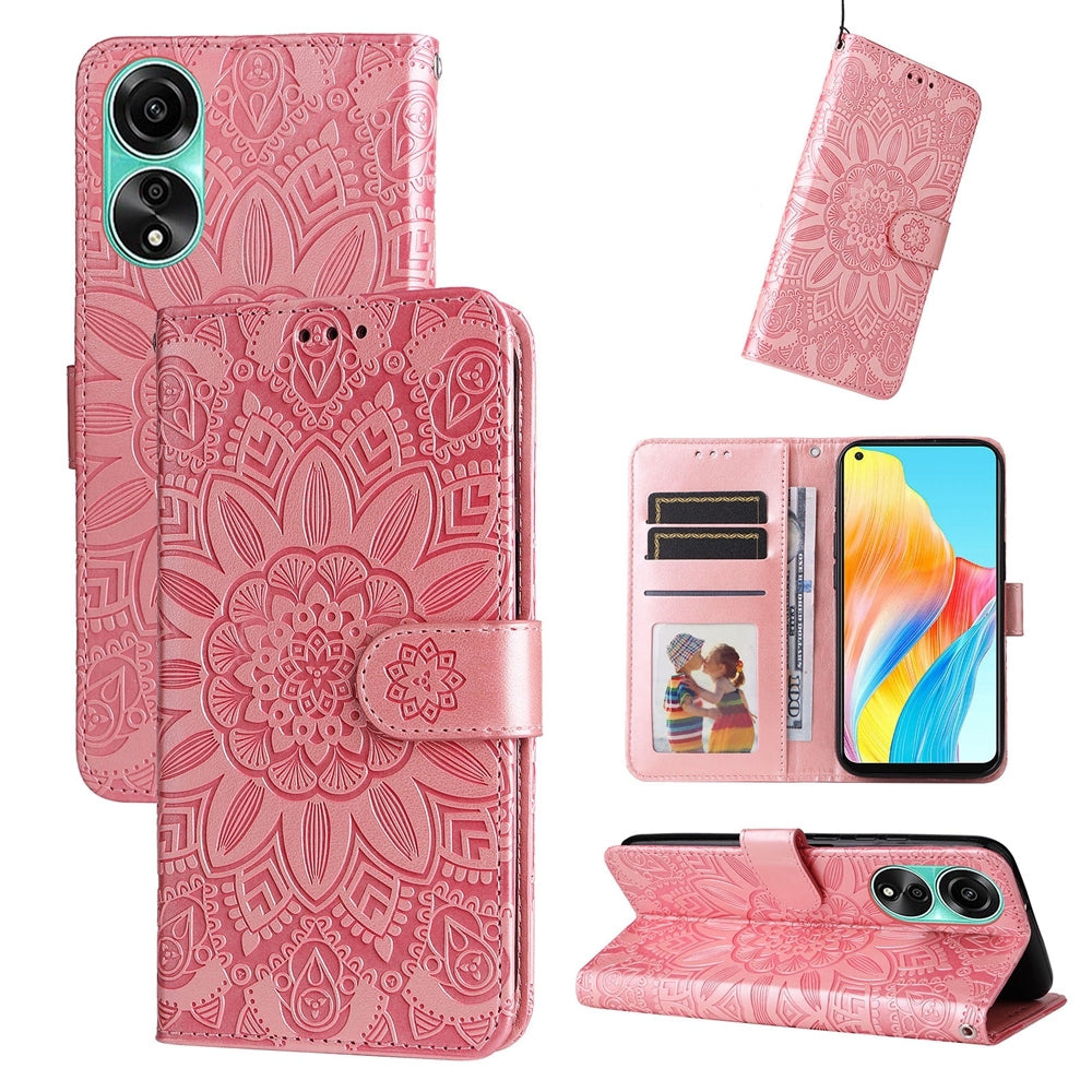 OPPO A78 4G Sunflower Embossed Leather Wallet Phone Case with Kickstand and Card Holder