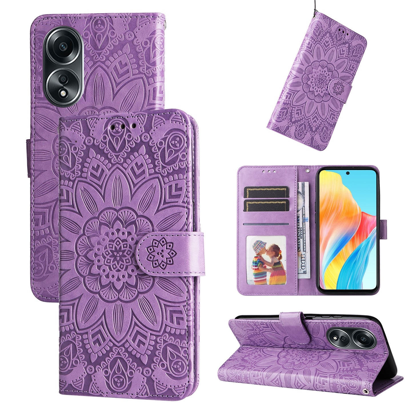 OPPO A58 4G Sunflower Embossed Leather Wallet Phone Case with Kickstand and Card Holder