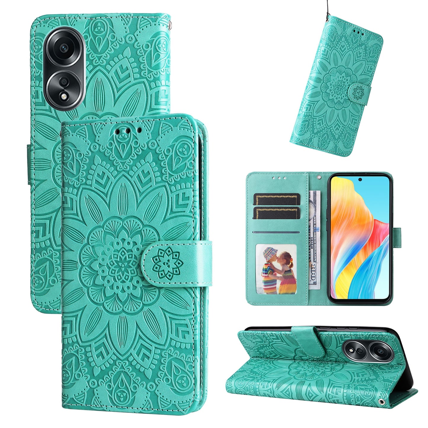 OPPO A58 4G Sunflower Embossed Leather Wallet Phone Case with Kickstand and Card Holder