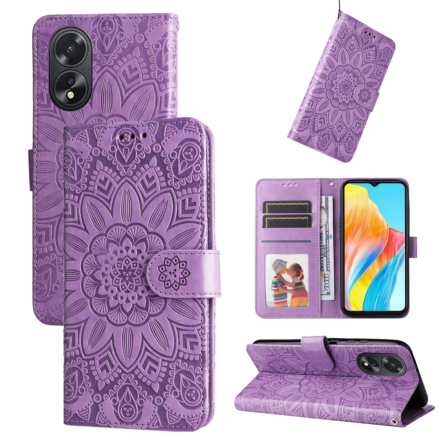 OPPO A38 4G Sunflower Embossed Leather Wallet Phone Case with Kickstand and Card Holder