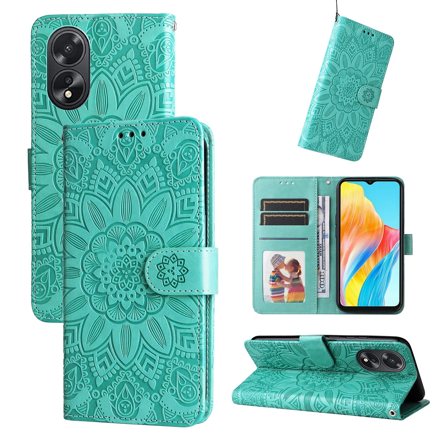 OPPO A38 4G Sunflower Embossed Leather Wallet Phone Case with Kickstand and Card Holder