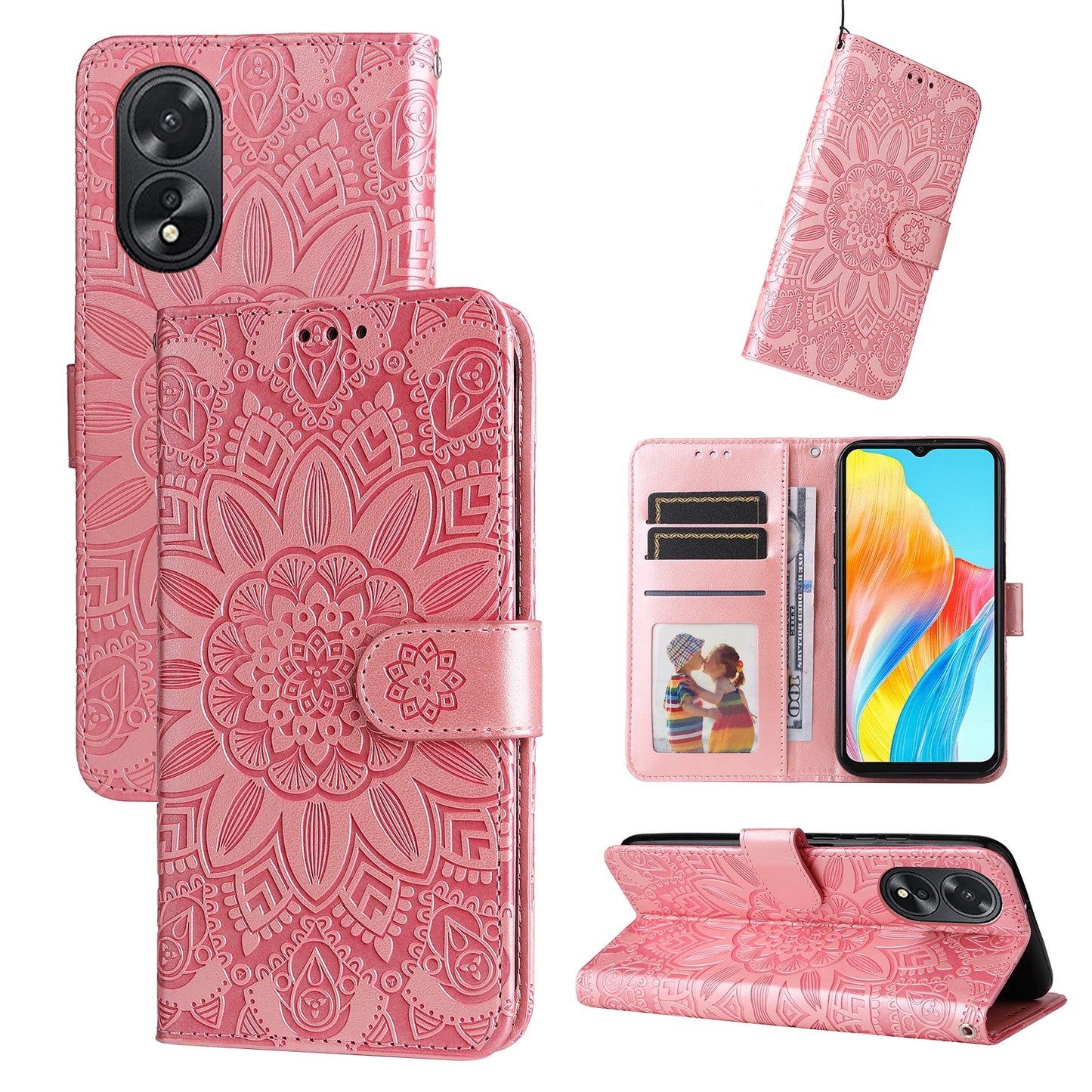 OPPO A18 4G Global Sunflower Embossed Leather Wallet Phone Case with Kickstand and Card Holder