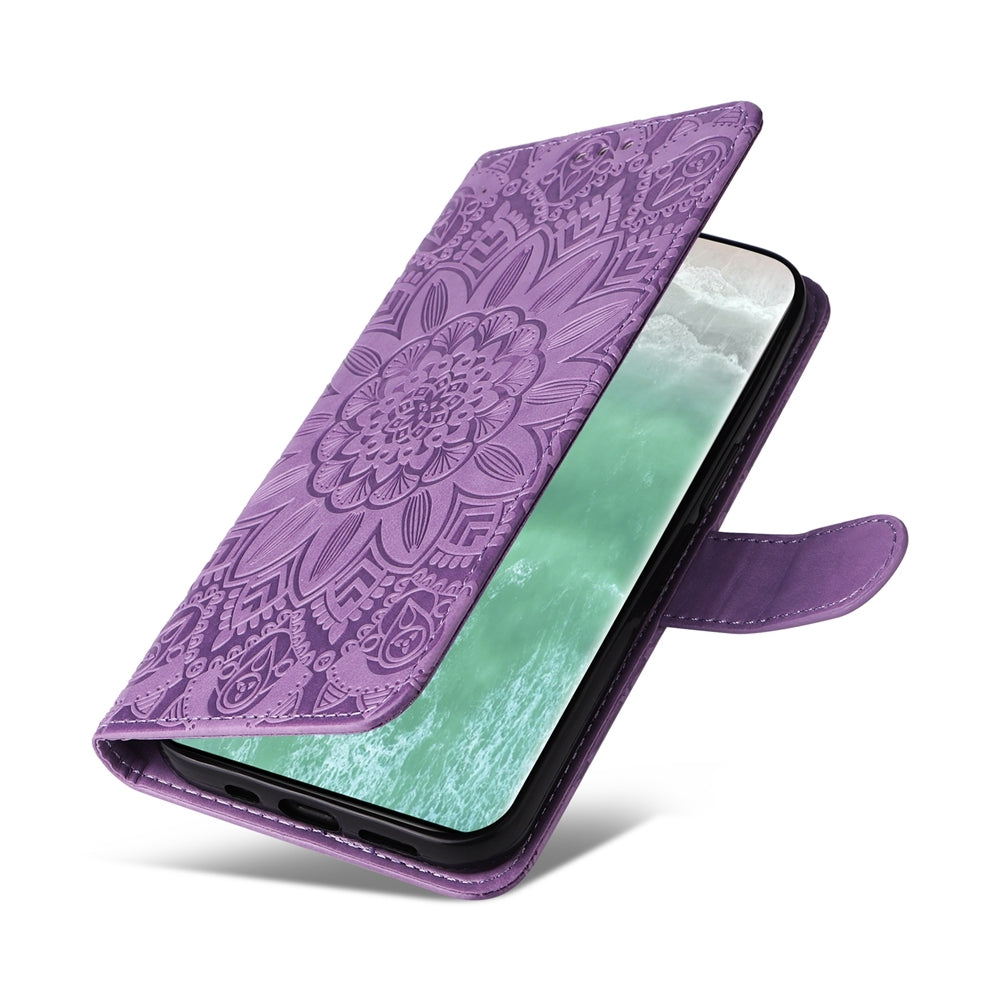 OPPO Reno11 5G Global Sunflower Embossed Leather Wallet Phone Case with Kickstand and Card Holder