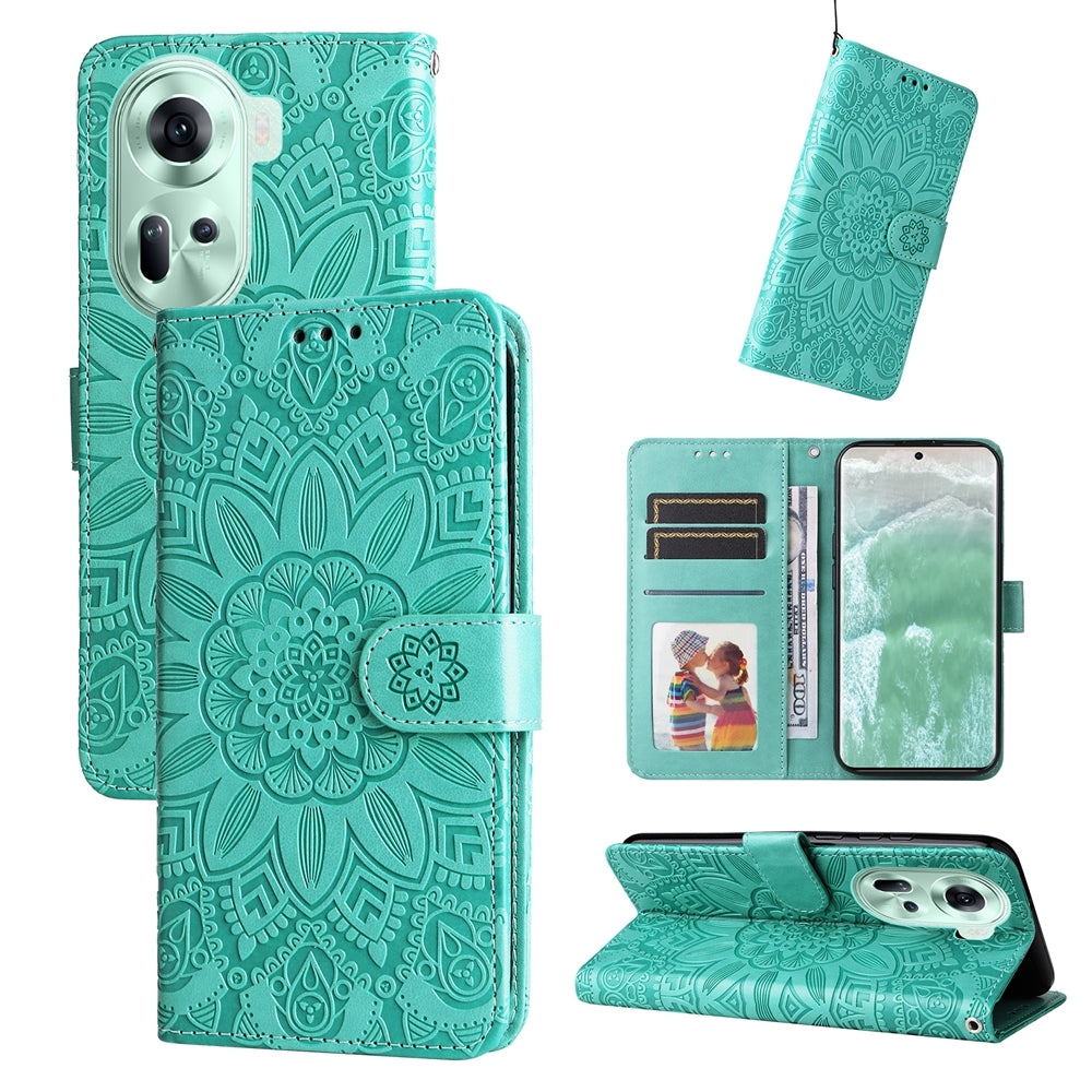 OPPO Reno11 5G Global Sunflower Embossed Leather Wallet Phone Case with Kickstand and Card Holder