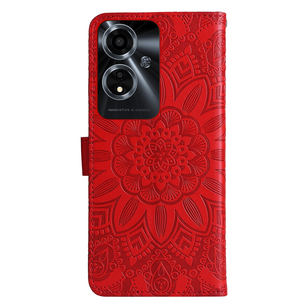 OPPO A59 5G Sunflower Embossed Leather Wallet Phone Case with Kickstand and Card Holder