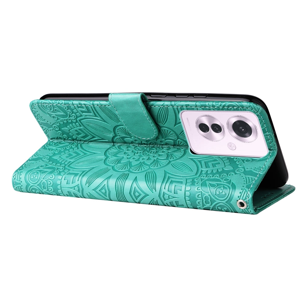 OPPO Reno11 F Global Sunflower Embossed Leather Wallet Phone Case with Kickstand and Card Holder