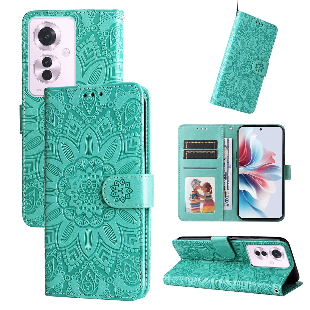 OPPO Reno11 F25 Pro Global Sunflower Embossed Leather Wallet Phone Case with Kickstand and Card Holder