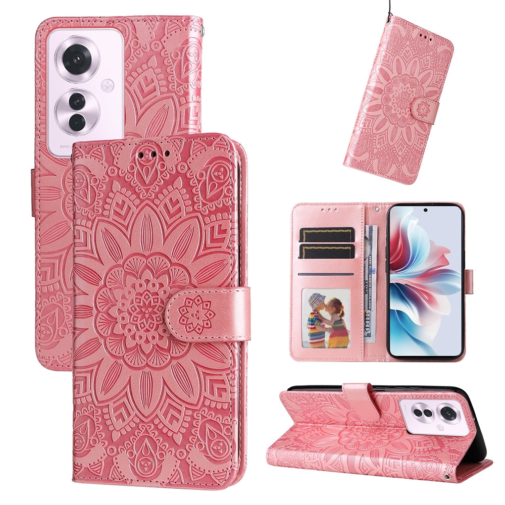 OPPO Reno11 F Global Sunflower Embossed Leather Wallet Phone Case with Kickstand and Card Holder