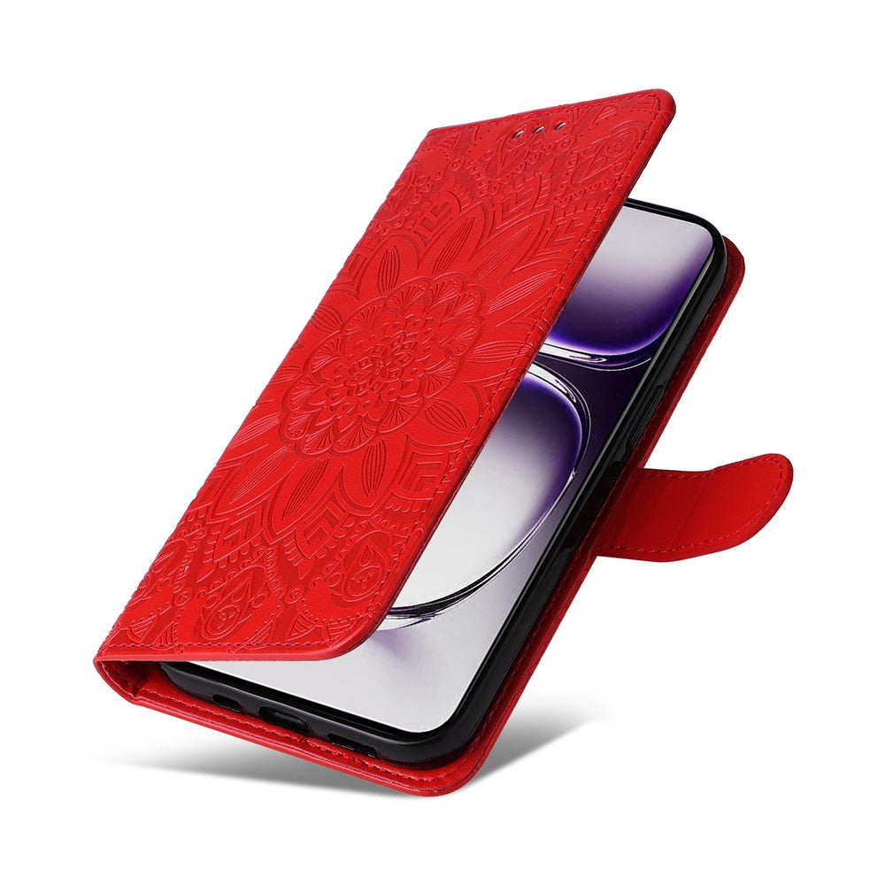 OPPO Reno12 5G Global Sunflower Embossed Leather Wallet Phone Case with Kickstand and Card Holder