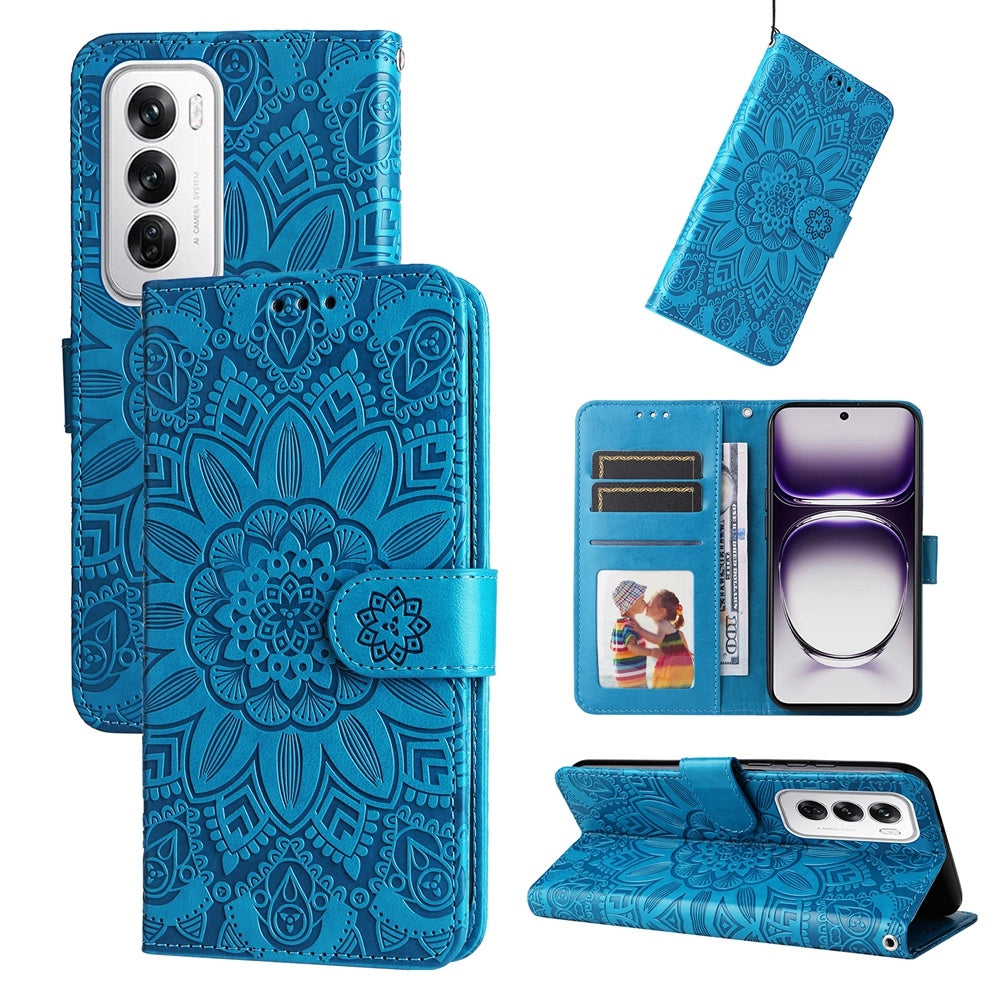 OPPO Reno12 5G Global Sunflower Embossed Leather Wallet Phone Case with Kickstand and Card Holder