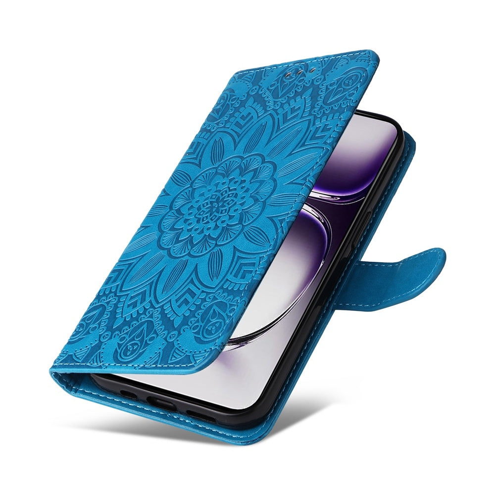 OPPO Reno12 5G Global Sunflower Embossed Leather Wallet Phone Case with Kickstand and Card Holder