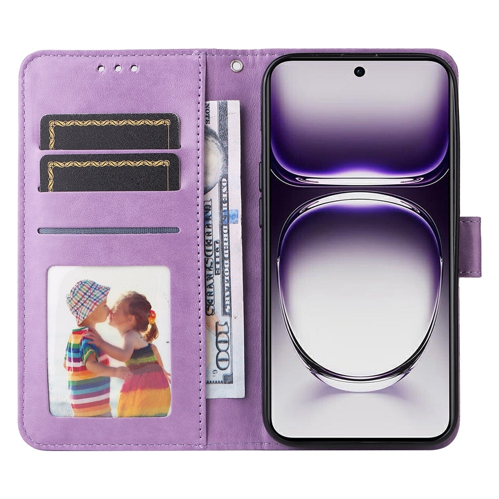 OPPO Reno12 5G Global Sunflower Embossed Leather Wallet Phone Case with Kickstand and Card Holder