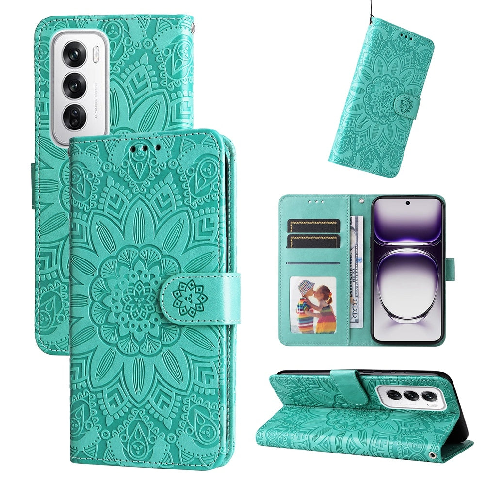 OPPO Reno12 5G Global Sunflower Embossed Leather Wallet Phone Case with Kickstand and Card Holder