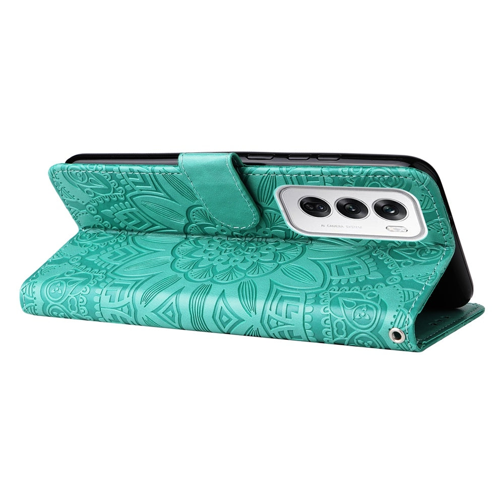 OPPO Reno12 5G Global Sunflower Embossed Leather Wallet Phone Case with Kickstand and Card Holder