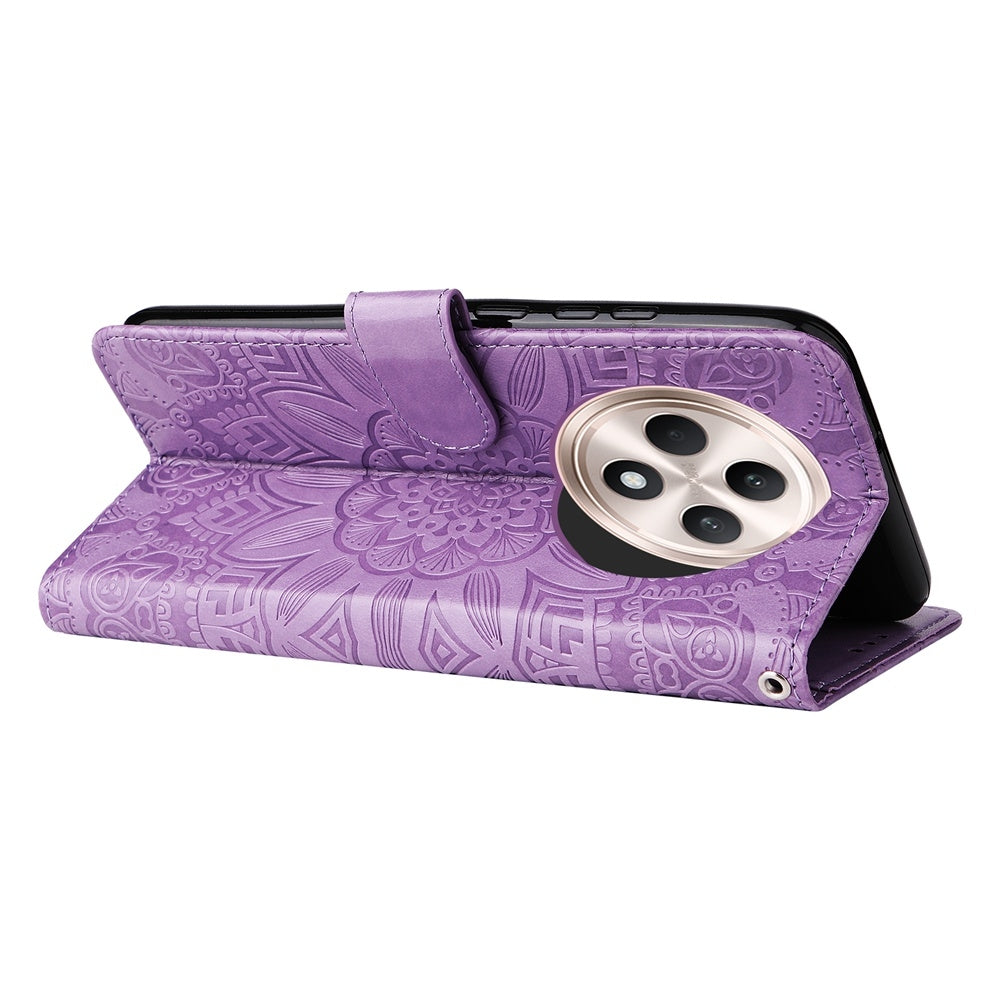 OPPO Reno12 F 5G Global Sunflower Embossed Leather Wallet Phone Case with Kickstand and Card Holder