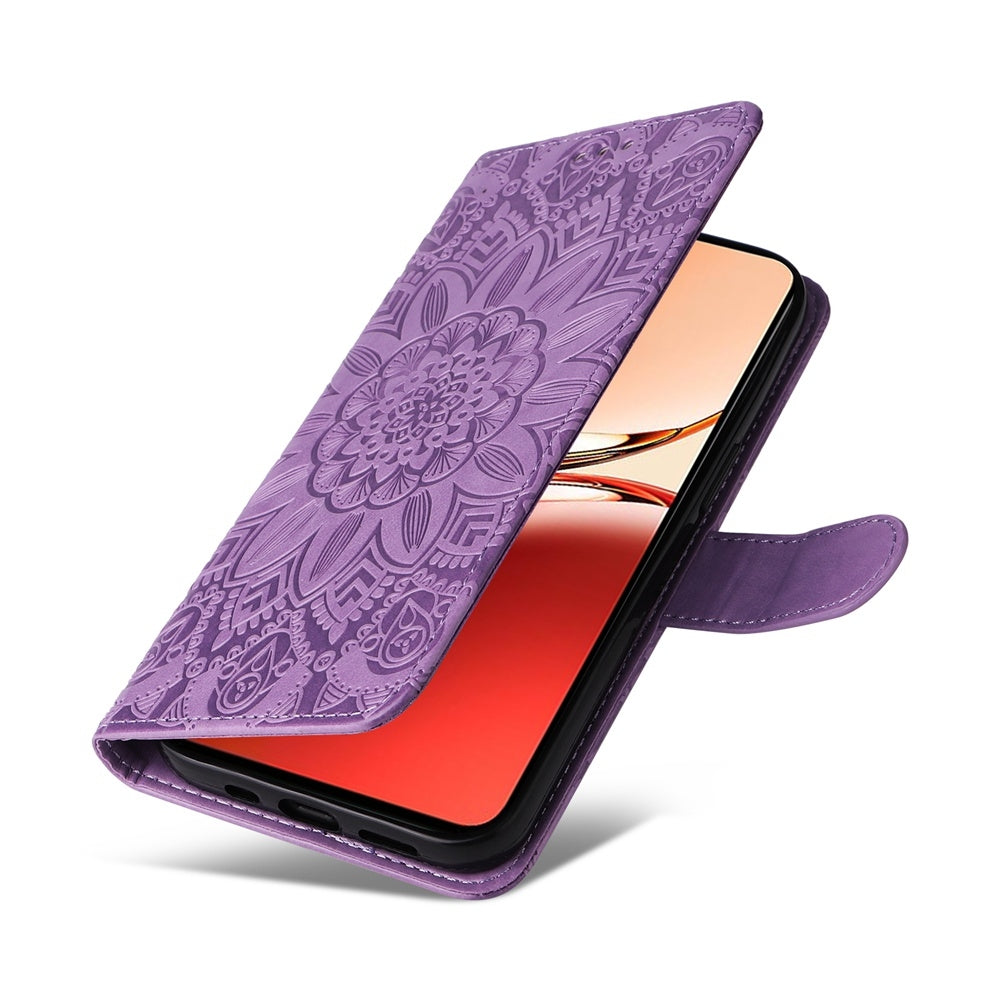 OPPO Reno12 F 5G Global Sunflower Embossed Leather Wallet Phone Case with Kickstand and Card Holder