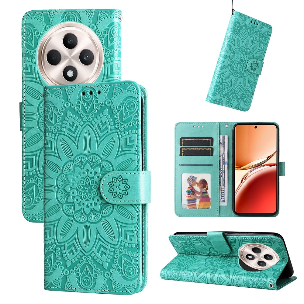OPPO Reno12 F 5G Global Sunflower Embossed Leather Wallet Phone Case with Kickstand and Card Holder