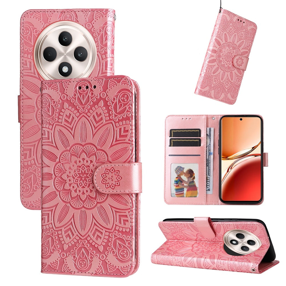 OPPO Reno12 F 5G Global Sunflower Embossed Leather Wallet Phone Case with Kickstand and Card Holder