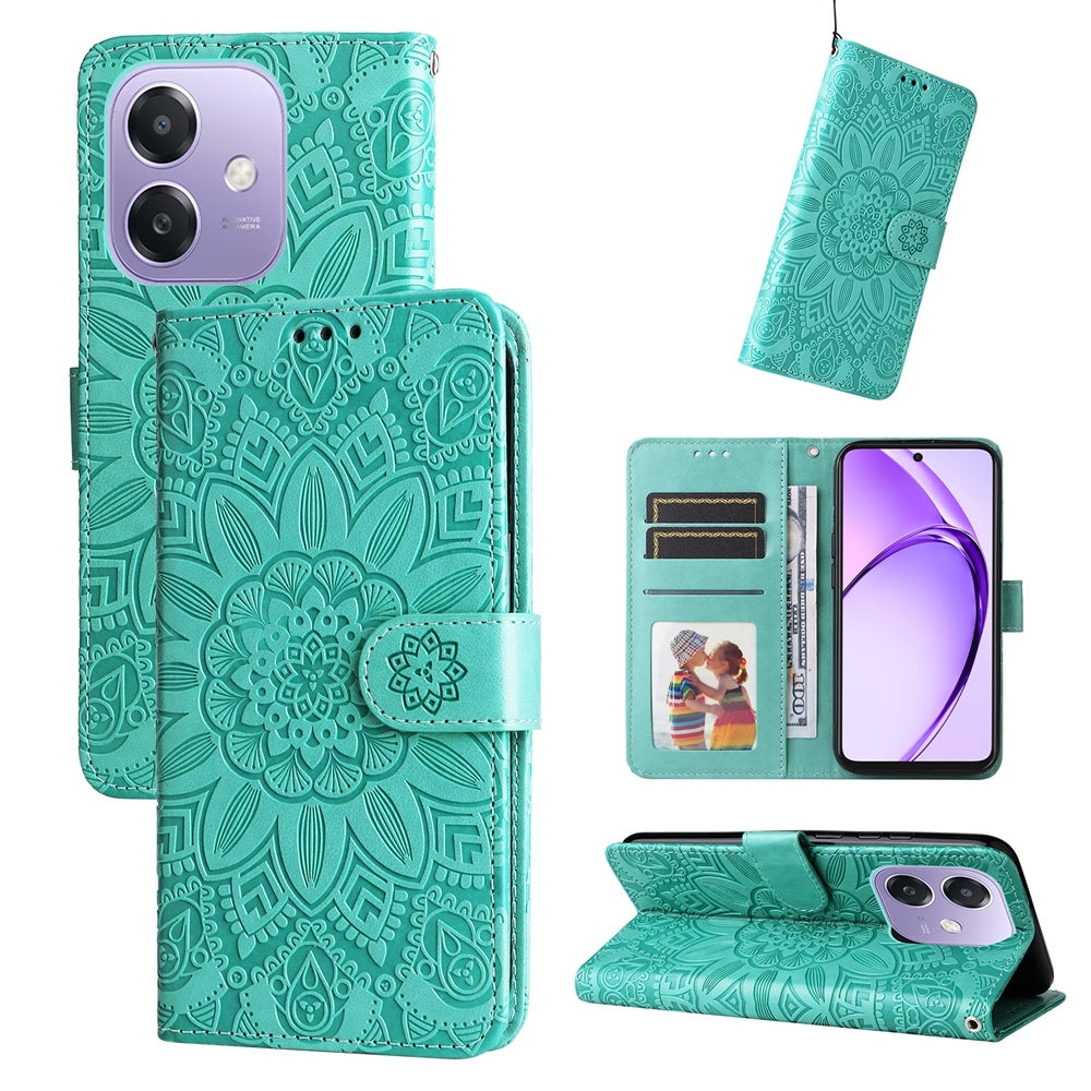 OPPO A3x 4G Sunflower Embossed Leather Wallet Phone Case with Kickstand and Card Holder