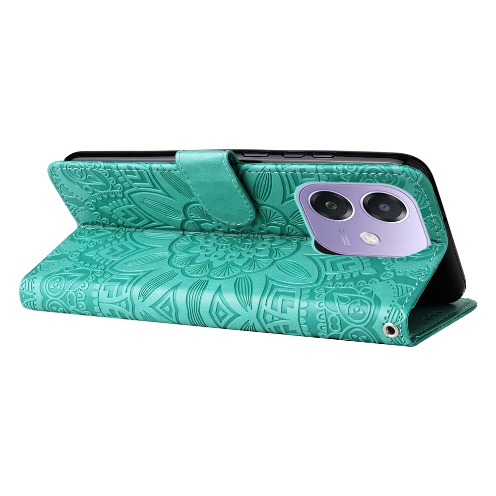 OPPO A3x 5G Sunflower Embossed Leather Wallet Phone Case with Kickstand and Card Holder