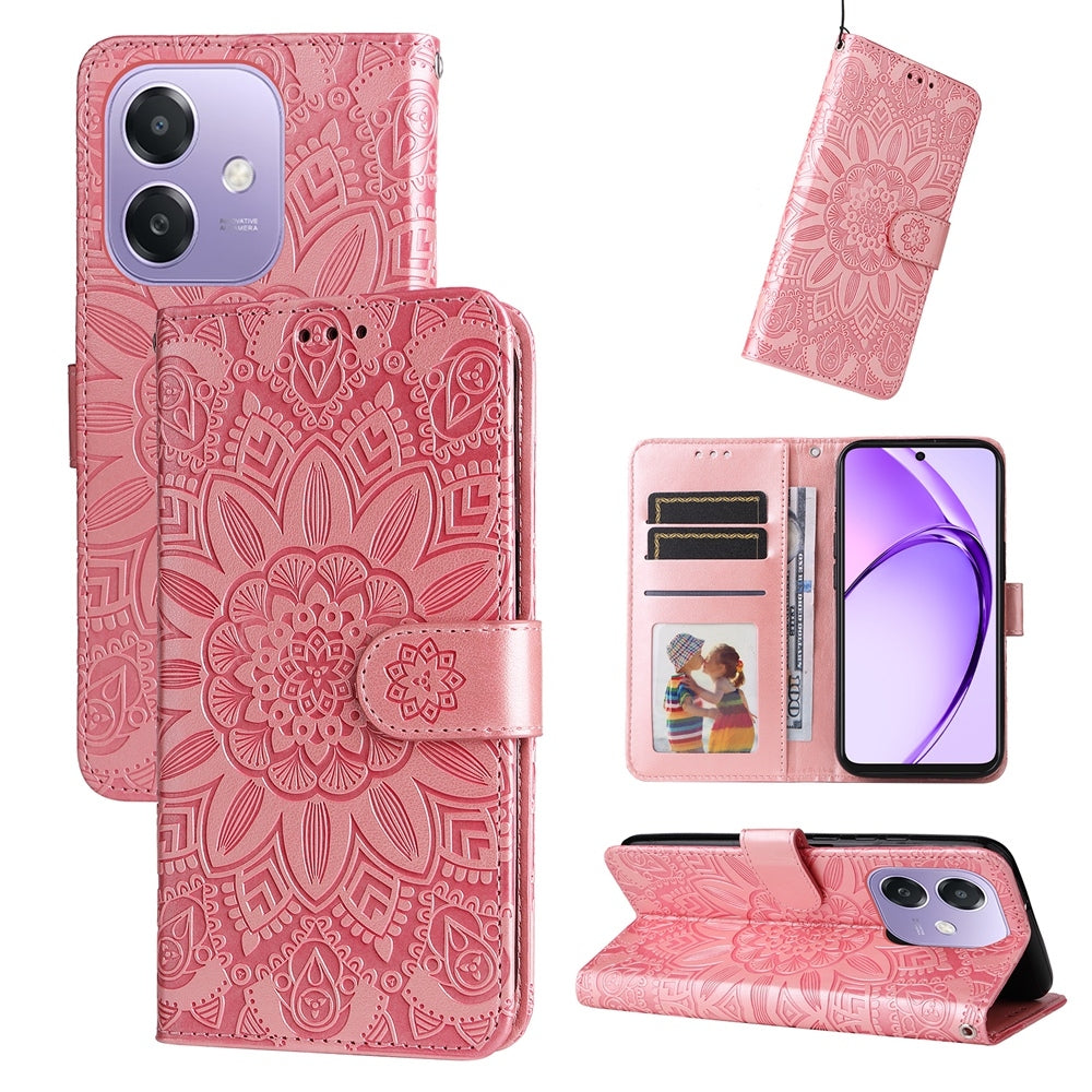 OPPO A3x 5G Sunflower Embossed Leather Wallet Phone Case with Kickstand and Card Holder
