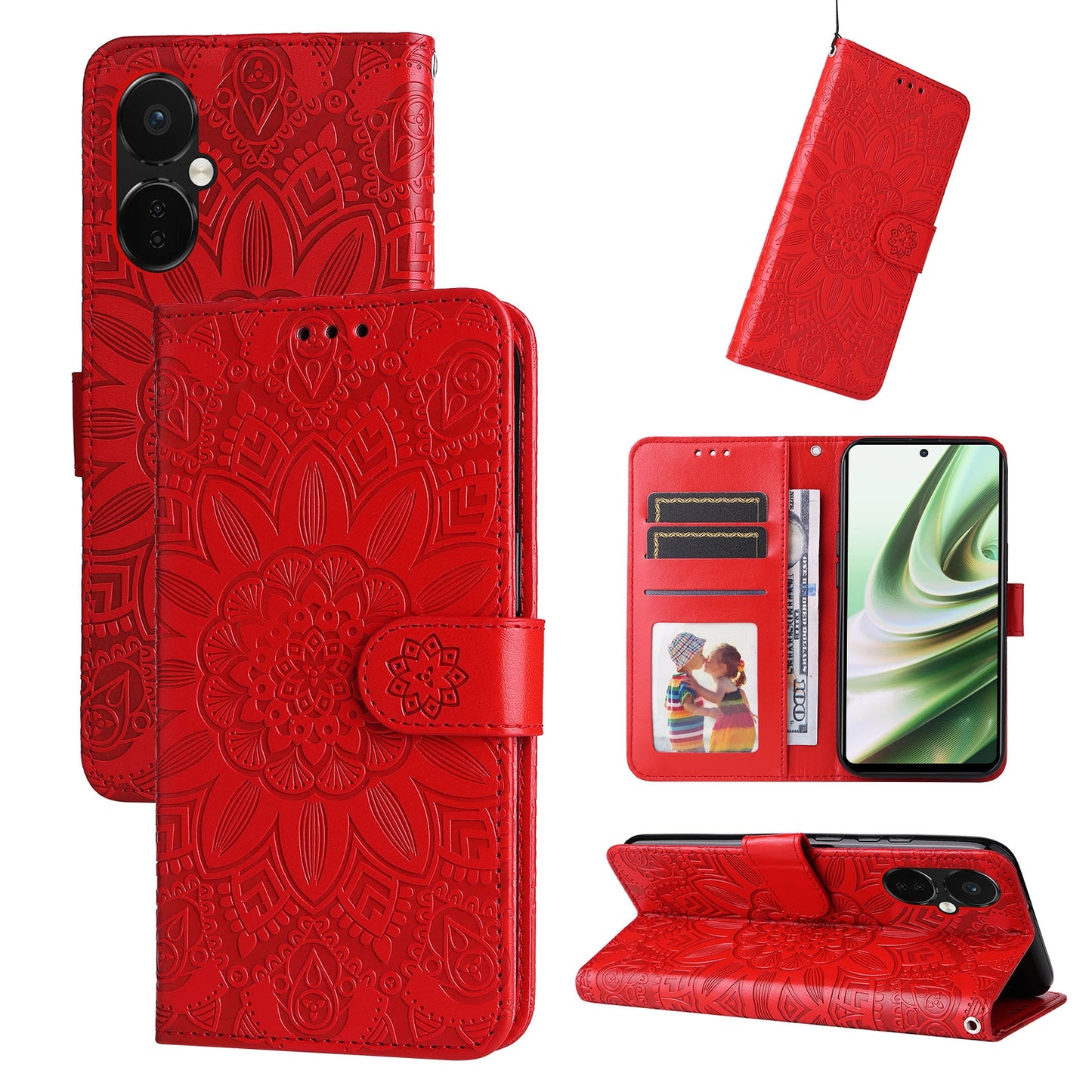 OnePlus Nord CE3 Sunflower Embossed Leather Wallet Phone Case with Kickstand and Card Holder