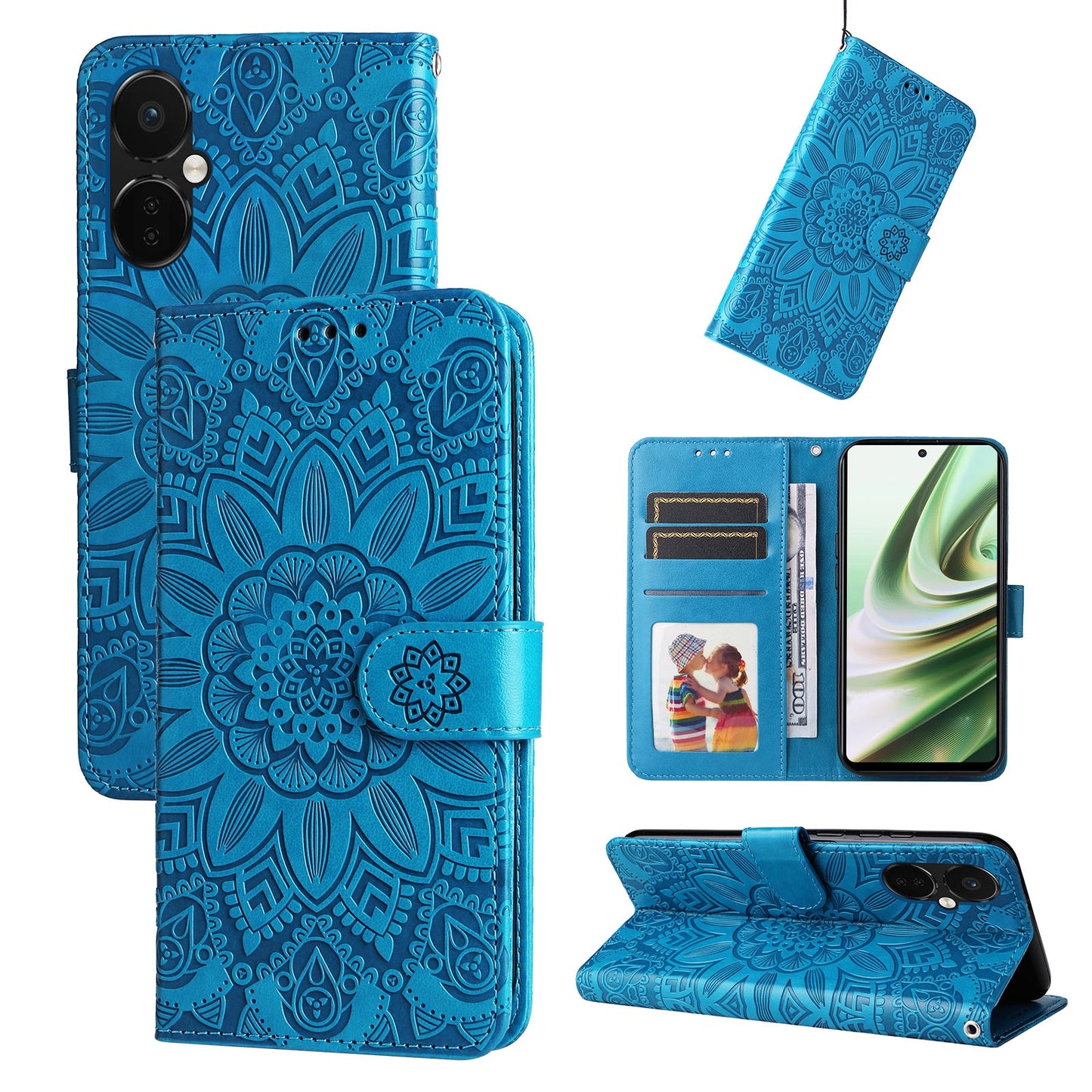 OnePlus Nord CE3 Sunflower Embossed Leather Wallet Phone Case with Kickstand and Card Holder