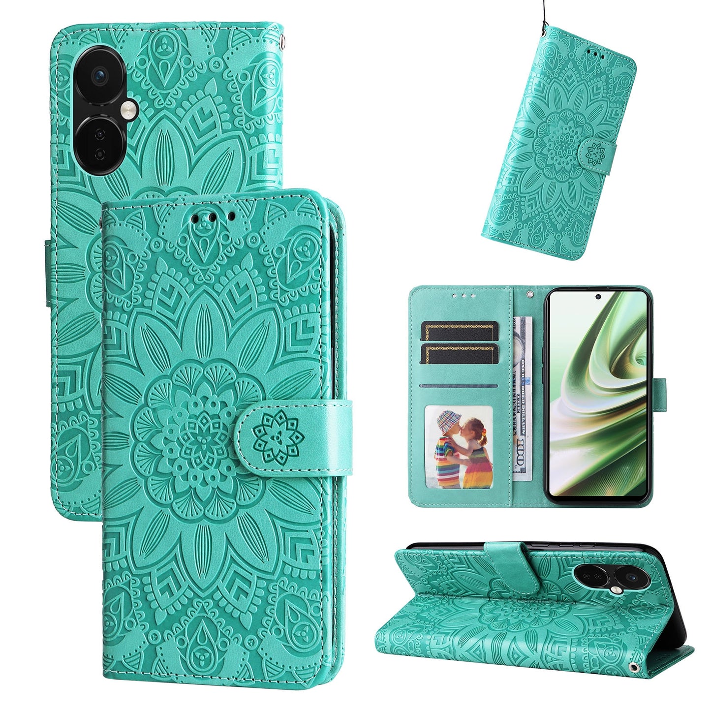 OnePlus Nord CE3 Sunflower Embossed Leather Wallet Phone Case with Kickstand and Card Holder