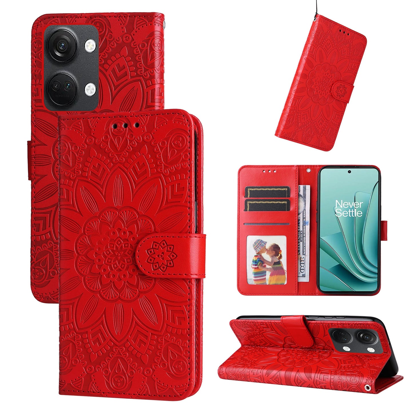 OnePlus Nord 3 Sunflower Embossed Leather Wallet Phone Case with Kickstand and Card Holder