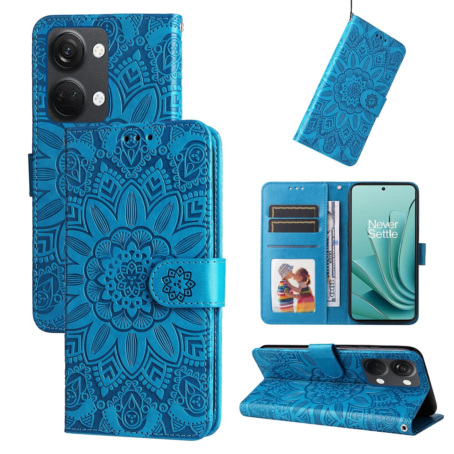 OnePlus Ace 2V Sunflower Embossed Leather Wallet Phone Case with Kickstand and Card Holder
