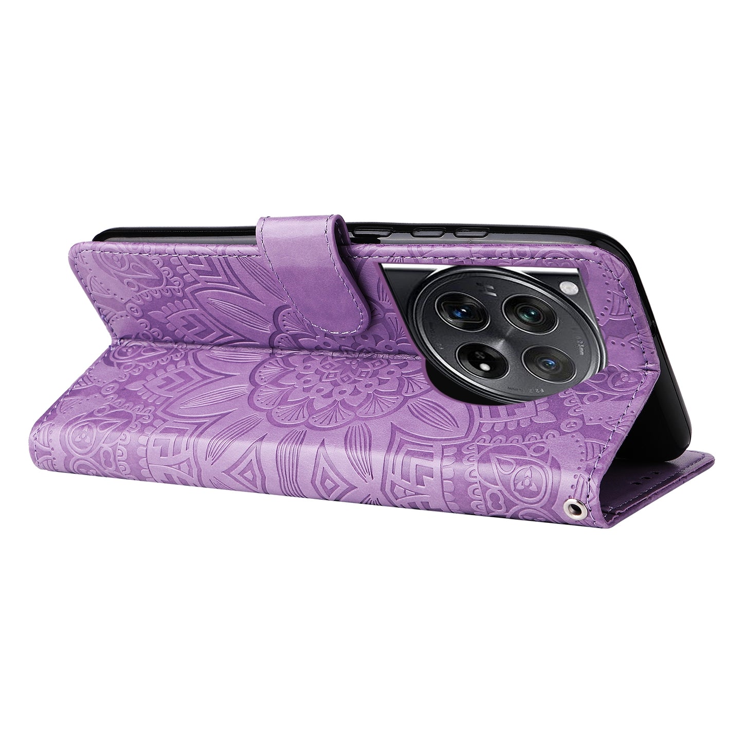 OnePlus 12 Sunflower Embossed Leather Wallet Phone Case with Kickstand and Card Holder