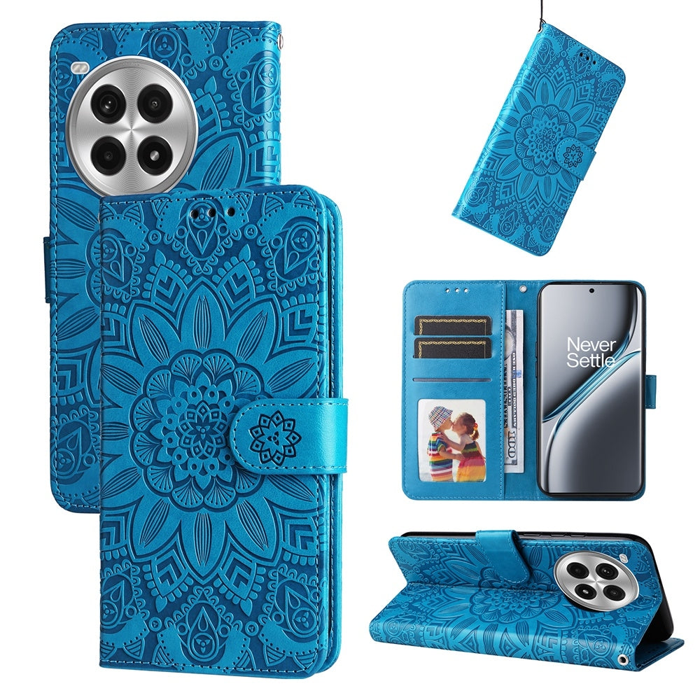 OnePlus Ace 3 Pro Sunflower Embossed Leather Wallet Phone Case with Kickstand and Card Holder